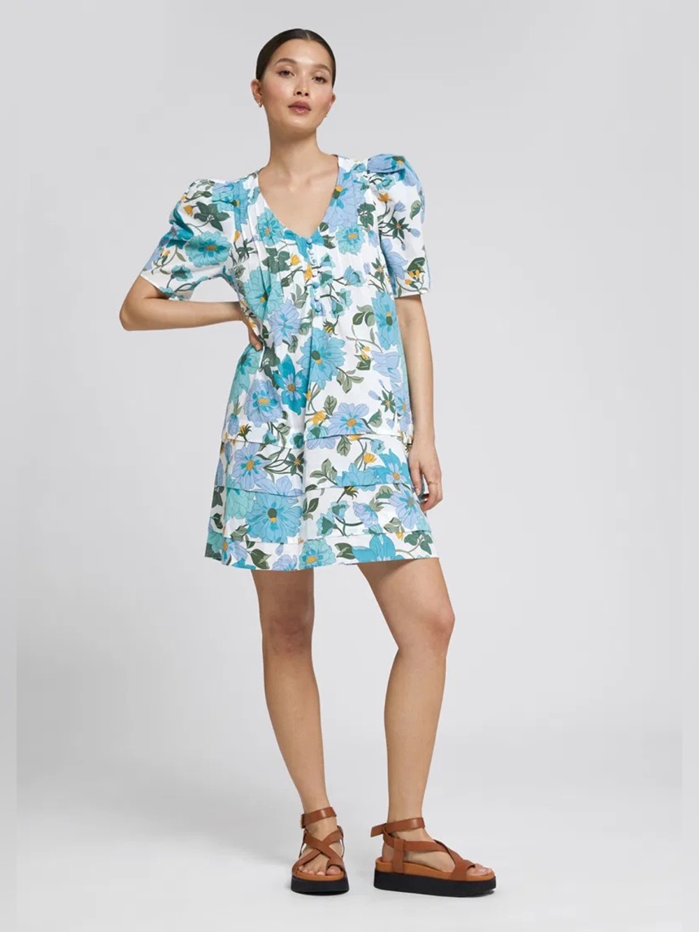 & Other Stories Floral Puff Sleeve Pintuck Dress